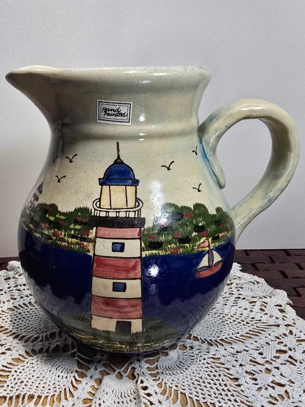 Vintage WCL Hand Painted Stoneware Pitcher Nautical Lighthouse Ocean Scene